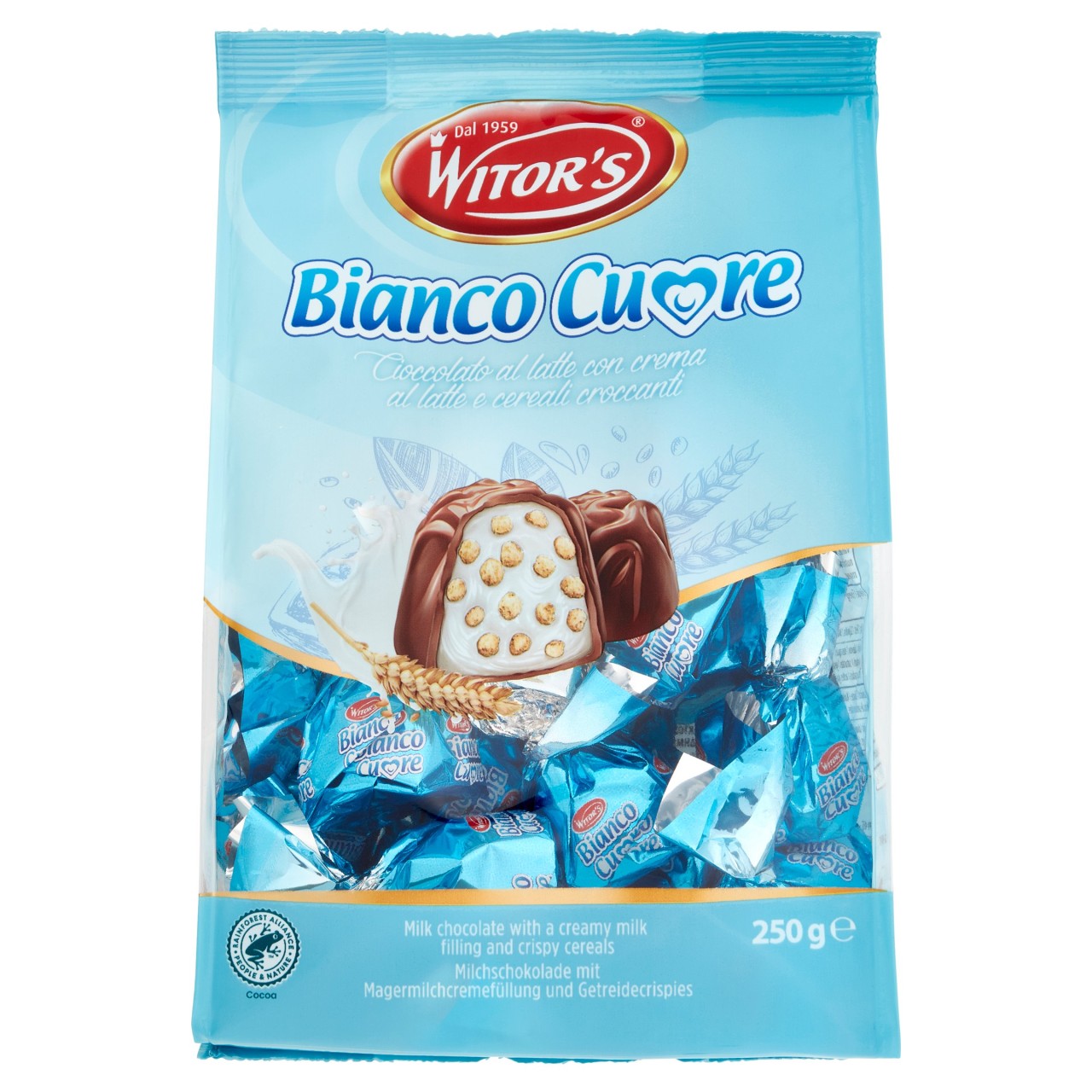 Witor's Bianco Cuore Cioccolato al latte con crema al latte e cereali croccanti 250 g