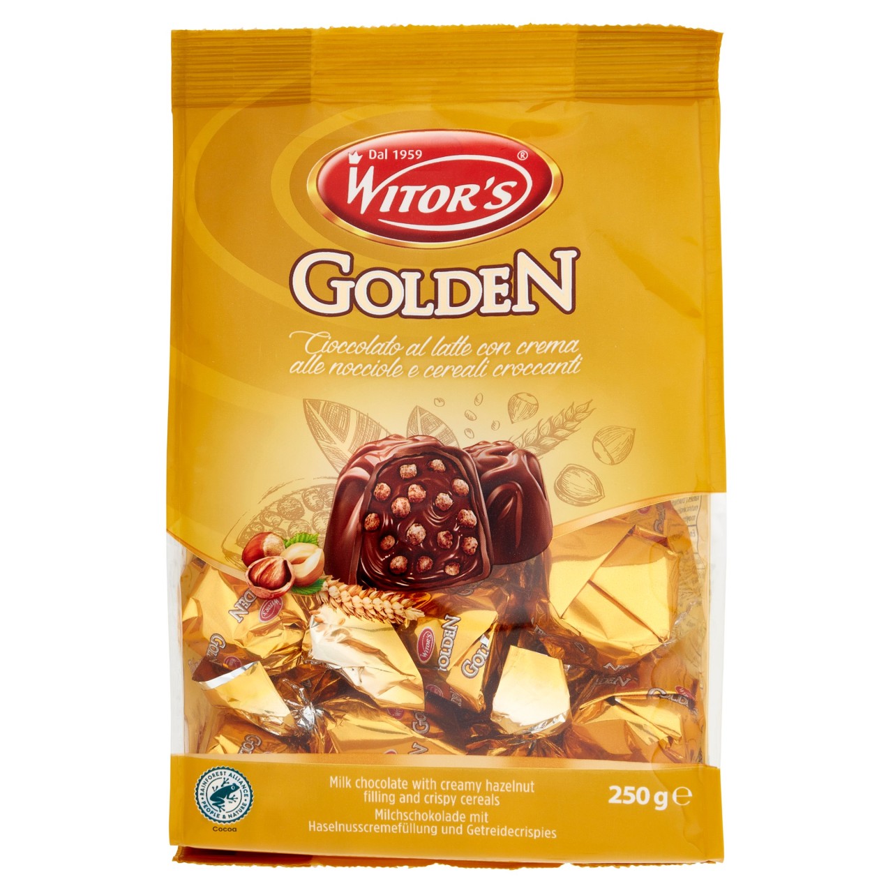 Witor's Golden Cioccolato al latte con crema alle nocciole e cereali croccanti 250 g