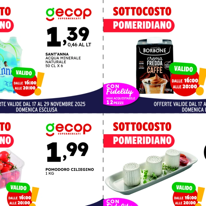 SOTTOCOSTO POMERIDIANO dal lunedì al sabato dalle 16:00 alle 20:00